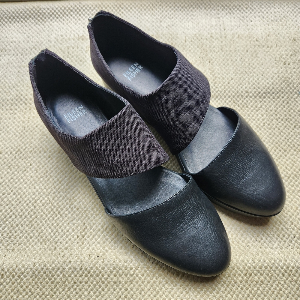 Eileen Fisher Womens 10 Leather Turban 2 Platform Wedge Black Shoes Like New